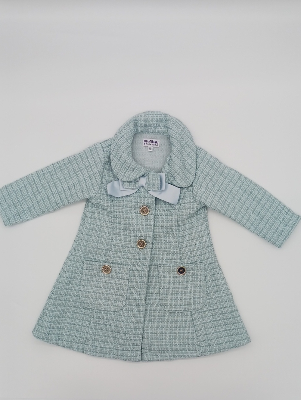 Blueberi Boulevard Toddler Girl Long Light Blue Tweed Coat (2T)